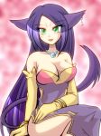  animal_ears anthrofied bare_shoulders big_breasts bracelet bracelets breasts cat_ears cat_tail choroneko cleavage detached_sleeves earring earrings female gijinka gloves gradient gradient_background green_eyes jewelry large_breasts lepardas liepard long_hair lots_of_jewelry moemon necklace open_mouth pokemon pokemon_(game) pokemon_black_and_white pokemon_bw purple_hair purrloin shiratsuki sitting smile solo tail 