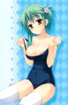 1girl big_breasts breasts frown green_hair hair_ornament hairpin hands high_res highres large_breasts muririn nipples noble_works one-piece_swimsuit school_swimsuit sitting solo source_request stockings swimsuit swimsuit_pull thighhighs tsukiyama_sena undressing white_legwear yokozuwari 