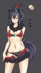  1girl :3 animal_ears anthro anthrofied aqua_eyes bare_shoulders bikini_top black_background black_hair blush cleavage emukon female hair_between_eyes looking_at_viewer mound_of_venus multicolored_hair navel open_fly panties pokemon red_hair shiny shiny_skin short_hair shorts simple_background skindentation smirk solo standing striped striped_panties tail teal_eyes thighs topknot translated two-tone_hair unbuttoned underwear unzipped zorua 