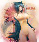 1girl animal_ears anthrofied big_breasts black_hair breasts cameltoe cleavage coat erect_nipples female female_only hanahasu hand_on_hip hips huge_breasts humanized leotard long_hair moemon nail_polish nintendo one-piece_swimsuit pokemon red_eyes sasame821 short_hair solo swimsuit typhlosion uncensored