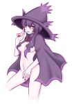  1girl breasts censor_hair censored cleavage convenient_censoring cosplay costume hair_censor hair_over_breasts kurosama mismagius nail_polish naked_cape navel nintendo nude pale_skin personification pokemon purple_hair red_nails simple_background solo white_background witch yellow_eyes 