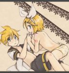  1boy 1girl aqua_eyes back bad_id biting blonde_hair brother_and_sister caught finger_bite finger_biting hair_ornament hair_ribbon hairclip headphones incest kagamine_len kagamine_rin len_kagamine m_eme open_clothes open_shirt panties printed_panties ribbon rin_kagamine shirt short_hair shorts siblings star_print topless twincest twins underwear vocaloid 