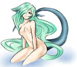 1girl animal_ears bad_id blue_eyes blue_fur breasts cosplay costume creatures_(company) eeveelution fins fish_girl fish_tail furry game_freak gen_1_pokemon green_hair hair_over_one_eye konshin long_hair monster_girl nintendo nipples nude personification pokemon pokemon_(anime) pokemon_(creature) pokemon_(game) pokemon_(species) scales showers_(pokemon) simple_background sitting small_nipples solo tail vaporeon very_long_hair water water_type_pokemon white_background