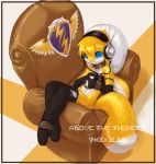  blue_eyes bottomless canine chair collar cuffs english_text extvia fingerless_gloves fobbit fox headphones male music on_back pillow skimpy solo spice_must_flow stockings tail text young 