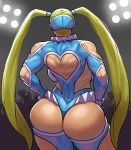  1girl 1girl 2019 ass audience back_muscles back_view big_ass big_breasts blonde_hair breasts butt_shot clothed female_only krekk0v leotard muscular muscular_female outside rainbow_mika rear_view street_fighter street_fighter_alpha street_fighter_v twin_tails wide_hips 