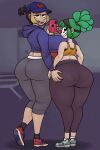  ass_grab black_eyes black_hair breasts clown_girl fizzie_(vendant) green_hair high_res huge_ass large_ass looking_back looking_back_at_viewer multicolored_hair ponytail red_eyes thick_thighs under_boob vendant wide_hips zoey_(vendant) 