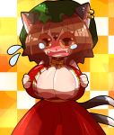 1girl animal_ears big_breasts breasts brown_eyes brown_hair cat_ears cat_tail chen female hat hongyou_hayashi huge_breasts multiple_tails nipples solo tail tears touhou