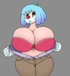  ahoge blue_hair breasts brown_eyes cleavage clown_girl fizzie_(vendant) high_res huge_breasts large_ass navel thick_thighs undressing vendant wide_hips 