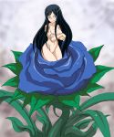 1girl alraune alura_une angry areolae bangs black_hair blue_eyes blurry blush branzent breasts castlevania castlevania:_order_of_ecclesia commentary covering covering_breasts depth_of_field embarrassed flower groin leaf long_hair looking_at_viewer mound_of_venus navel nude nude_cover order_of_ecclesia parted_bangs payot plant rose shanoa sidelocks solo sweat transformation very_long_hair wet
