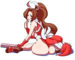  1girl ass big_ass blush breasts brown_eyes brown_hair closed_fan fan fatal_fury folding_fan huge_ass king_of_fighters lipstick long_hair looking_back ponytail revealing_clothes shiranui_mai sideboob simple_background sitting snk solo the_king_of_fighters tori_kaku wariza white_background 