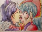  2_girls ahri artist_request female/female female_only french_kiss kissing league_of_legends sona tongue yuri 