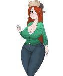  1girl breasts cleavage denim earrings freckles gravity_falls green_shirt hair_over_one_eye hat huge_breasts jeans light-skinned_female light_skin long_hair long_sleeves looking_at_viewer red_hair smile thick_thighs thighs transparent_background wendy_corduroy wide_hips 