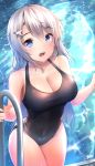 1girl 9a-91_(girls_frontline) :o bangs bare_shoulders bitch black_swimsuit blue_eyes blush breast_grab breast_sucking breasts cleavage climbing girls_frontline group_sex hair_between_eyes hair_ornament helpless large_breasts long_hair looking_at_viewer one-piece_swimsuit open_mouth pool pool_ladder silver_hair star_hair_ornament swimsuit teeth tongue very_long_hair wet