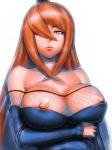  1girl bangs bare_shoulders big_breasts breast_hold breasts crossed_arms detached_sleeves fishnet fishnet_top fishnets fumio_(rsqkr) green_eyes hair_over_one_eye huge_breasts humio large_breasts lips long_hair looking_at_viewer mei_terumi mizukage naruto naruto_shippuden nipple_slip nipples orange_hair puffy_nipples red_eyes red_hair solo swept_bangs 