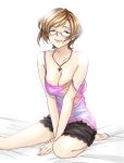  1girl artist_request barefoot breasts brown_hair camisole cleavage cross girl glasses jewelry milf necklace short_hair sitting smile solo source_request strap_slip woman 