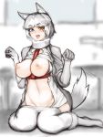  1girl 1girl 1girl animal_ear_fluff animal_ears bangs between_breasts blue_eyes blush breasts breath clothes_lift dog_(mixed_breed)_(kemono_friends) dog_girl dog_tail elbow_gloves eyebrows_visible_through_hair full_body gloves grey_hair groin hands_up harness heterochromia high_resolution inumimi jacket kemono_friends looking_at_viewer medium_breasts motion_lines multicolored_hair navel nipples no_bra no_pants open_clothes open_jacket open_mouth open_shirt pantyhose pantyhose_pull paw_pose shibori_kasu short_hair sitting stomach sweater sweater_lift tail tail_wagging tongue tongue_out two-tone_hair undershirt very_high_resolution wariza white_hair yellow_eyes 