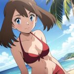  1girl alluring beach big_breasts bikini blue_eyes blue_sky brown_hair cleavage haruka_(pokemon) may may_(pokemon) ocean pokemon pokemon_(anime) pokemon_rse wolf23th 