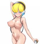 1girl 64_(xfour) arm_up belly blonde_hair blue_eyes blush breasts creatures_(company) elesa_(pokemon) erect_nipples female game_freak gym_leader hair headphones huge_breasts humans_of_pokemon kamitsure_(pokemon) large_breasts midriff navel nintendo nipples nude poke_ball pokemon pokemon_(anime) pokemon_(game) pokemon_black_2_&amp;_white_2 pokemon_black_and_white pokemon_bw pokemon_bw2 purple_eyes short_hair solo