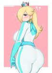 1girl afrobull ass blonde_hair blue_eyes blue_gloves blush bodysuit breasts crown dat_ass earrings gloves hair_over_one_eye huge_ass jewelry large_breasts long_hair looking_at_viewer looking_back lucina princess_rosalina rosalina sideboob star_earrings super_mario_bros. thick_thighs thighs