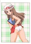 ass blue_(pokemon) blush breasts brown_hair hat leaf_(pokemon) long_hair nipples panties pokemon shirt_lift skirt skirt_lift underwear white_panties 