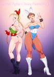  2girls ass boots breasts bunny_ears cammy_white capcom chun-li closed_eyes collarbone happy hips josef_axner knees large_breasts legs multiple_girls muscle necklace shiny smile spiked_bracelet street_fighter street_fighter_ii thumbs_up v 