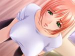  1girl bent_over blush breasts cute dutch_angle erect_nipples eyes game_cg green_eyes hiiragi_mia huge_breasts large_breasts leaning_forward lipstick makeup milf open_mouth perfection pink_hair pov sano_toshihide short_hair solo t-shirt tsuma_to_mama_to_boin white 