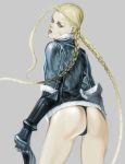  1girl alternate_costume ass bad_id blonde_hair braid cammy_white capcom elbow_gloves from_behind gloves green_eyes ikeda_masateru long_hair looking_back scar solo street_fighter street_fighter_ii street_fighter_iv twin_braids 
