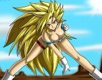 1girl 2015 big_breasts blonde_hair breasts cleavage dragon_ball dragon_ball_xenoverse female_focus female_only focus gloves green_eyes leaning_forward light-skinned_female light_skin long_hair looking_at_viewer melneice red_earrings saiyan shiny shiny_breasts shiny_skin sky_background solo_female solo_focus spiky_hair sseanboy23 super_saiyan super_saiyan_3 thick_thighs thighs