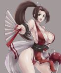  1girl bare_shoulders big_breasts breasts brown_eyes brown_hair cleavage dtcy fan fatal_fury folding_fan hips japanese_clothes king_of_fighters large_breasts long_hair open_mouth panties pelvic_curtain ponytail revealing_clothes shiranui_mai side_slit snk solo the_king_of_fighters underwear wide_hips 
