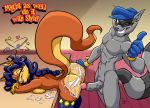 2340x1700 bent_over blue_hair carmelita_fox cum cum_drip cum_string doggy_position earring eltonpot fox furry gloves jilo penis pussy raccoon sly_cooper sly_cooper_(series) tagme thumbs_up wallpaper