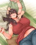 1boy 1girl belly blush blushing breasts brown_hair chubby clavicle erect_nipples eyebrows huge_breasts jeans lap_pillow long_hair lying midriff navel nipple_bulge on_back original pillow plump red_eyes ribbed_sweater smile smiling sweater tatami thick_eyebrows thick_thighs thighs tobatoinu wide_hips