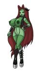  bat big_breasts black_eyes boots bracelet breasts green_skin lipstick long_hair lordstevie lordstevie_(artist) necklace nipple nude pubic_hair pussy red_hair shiny shiny_skin zombie 