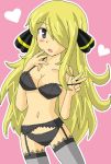  blonde_hair blush bra cynthia garter_belt lingerie long_hair panties pokemon shirona_(pokemon) stockings underwear 
