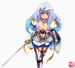 1girl absurdres annelotte_(queen&#039;s_blade) armor armored_dress big_breasts breasts cleavage gradient_hair green_eyes highres isshi_(artist) large_breasts multicolored_hair navel oppai queen&#039;s_blade queen&#039;s_blade_rebellion shield stockings sword thighhighs tiara weapon