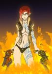 1girl bluntkatana borderlands borderlands_2 borderlands_3 breasts brown_hair dual_wielding female_only fire gun hourglass_figure lilith_(borderlands) navel open_clothes red_hair short_hair solo_female tattoo tattooed_girl weapon yellow_eyes