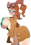  ass_up big_ass big_breasts big_breasts bikini blush blush breasts clothing erect_nipples glasses glasses_on_head green_eyes hair_accessory looking_at_viewer nintendo nipple_bulge open_clothes open_mouth orange_hair pokemon pokemon_ss ponytail raised_eyebrow simple_background skimpy solid_color_background sonia_(pokemon) strap_gap string_bikini trenchcoat undressing white_background 