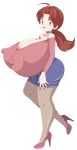 1girl alpha_channel ass beige_skin big_ass big_breasts breasts brown_eyes brown_hair choker cleavage clothed clothes clothing delia_ketchum earrings erect_nipples erect_nipples_under_clothes female female_only full_body hanako_(pokemon) high_heels huge_breasts humans_of_pokemon looking_at_viewer milf nipples pokemon ring skirt smile solo toshiso_(artist) transparent_background