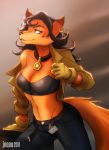  2011 belt bra button canine carmelita_fox collar female fox furry gloves jacket jeans jnqau_(artist) looking_at_viewer pepper piercing police signature sly_cooper_(series) solo tail undressing 