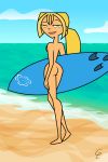 ass beach big_breasts blonde_hair breasts bridgette_(tdi) cartoon_network gemlord green_eyes hourglass_figure light-skinned_female long_blonde_hair long_hair nude ponytail small_breasts surfer_girl thick_ass thick_legs thick_thighs total_drama_island