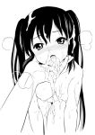  1girl black_eyes black_hair blush chin_grab cum cum_in_mouth cum_on_body cum_on_hair cum_on_upper_body cumdrip cupping_hands facial female hand_on_another's_chin head_hold k-on! long_hair monochrome nakano_azusa nipples nude open_mouth solo twintails yahiro_pochi 