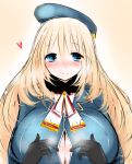 1girl atago_(kantai_collection) black_gloves blonde_hair blue_eyes blush breasts female gloves han_(jackpot) hat heart huge_breasts kantai_collection military_jacket personification smile solo 