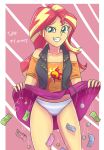  1girl clothed english_text equestria_girls female female_only friendship_is_magic long_hair looking_at_viewer money my_little_pony panties skirt skirt_lift solo standing striped_panties sunset_shimmer sunset_shimmer_(eg) 