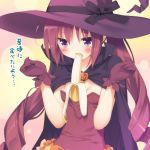  1girl alternate_costume banana between_breasts blush bow breasts cape cleavage drill_hair female food fruit gloves halloween hat hat_bow hazuki_watora jack-o'-lantern long_hair looking_at_viewer original peko purple_eyes red_hair sexually_suggestive solo tears translated twin_drills twintails witch_hat 