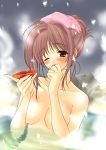 1girl alcohol bath breasts copyright_request duplicate highres large_breasts onsen sake solo_female suzuhira_hiro