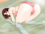  all_fours anime ass bikini blush brown_hair female looking_back outdoor purple_eyes top-down_bottom-up wet 