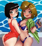  ass bikini blush breasts cleavage marcie open_shirt peanuts peppermint_patty pool smile swimsuit 