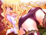 1girl 800x600 apron ass bent_over black_panties blonde_hair blush carnelian dutch_angle embarrassed from_behind game_cg garter_belt garter_straps hentai indoors lace lace-trimmed_panties lace-trimmed_thighhighs lilith_(yami_to_boushi) lilith_(yamibou) lingerie long_hair looking_back miniskirt panties pantyshot pencil_skirt purple_eyes shiny shiny_clothes skirt skirt_lift solo thighhighs underwear very_long_hair wavy_hair yami_to_boushi_to_hon_no_tabibito zettai_ryouiki