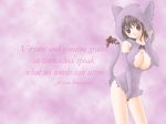 1girl animal_ears animal_hood blush bottomless breasts brown_eyes cat_hood cleavage cleavage_cutout elbow_gloves english gloves hentai hood ribbon solo tail tail_ribbon wallpaper 
