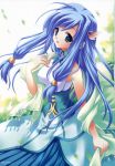 1girl ariko_youichi blue_eyes blue_hair dress hentai highres leaf leaves long_hair majokko_a_la_mode_2 mireille_brilliant scan scan_artifacts solo