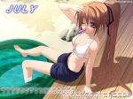  1girl 2004 arm_support barefoot bikini bikini_top blonde_hair breasts brown_hair butt_crack calendar character_request cleavage feet feet_in_water female front-tie_top hair_ribbon hentai july long_hair mouth_hold ninozen open_fly orange_hair outdoors ponytail pool popsicle purple_eyes ribbon shading_eyes sitting soaking_feet solo source_request sweat swimsuit unzipped very_long_hair wading_pool water wink 